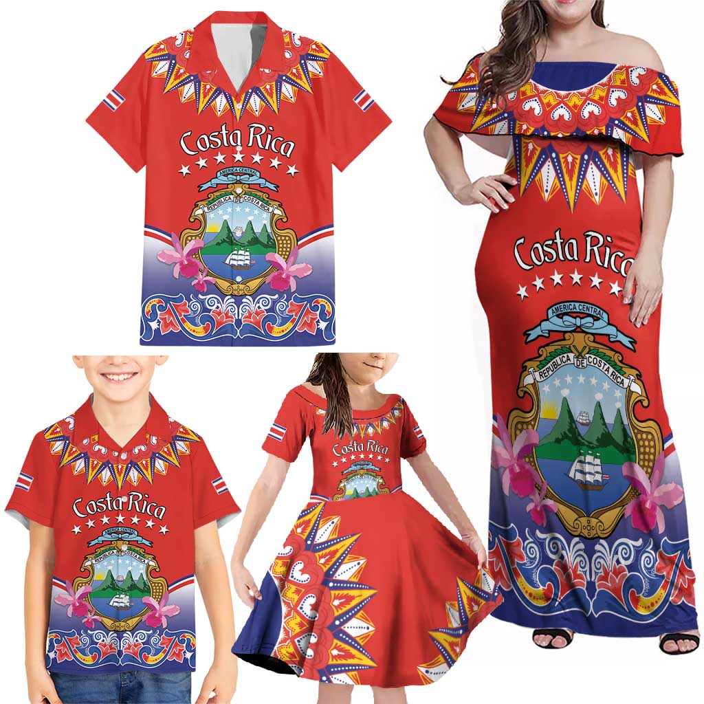 Personalized Costa Rica Independence Day Family Matching Off Shoulder Maxi Dress and Hawaiian Shirt Guaria Morada With Folk Pattern - Wonder Print Shop