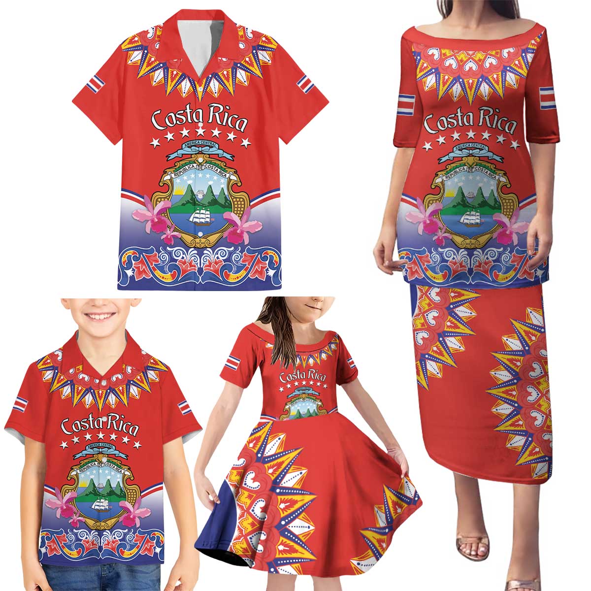 Personalized Costa Rica Independence Day Family Matching Puletasi and Hawaiian Shirt Guaria Morada With Folk Pattern - Wonder Print Shop