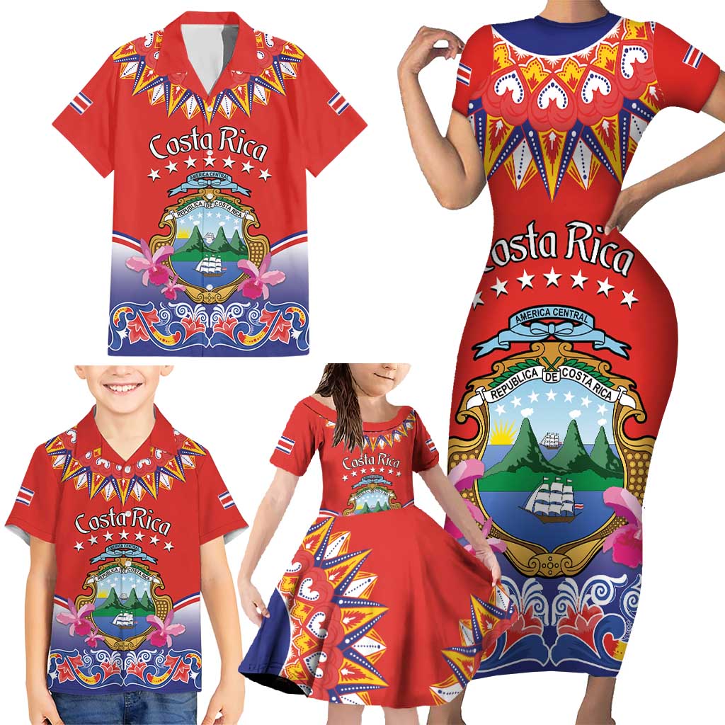 Personalized Costa Rica Independence Day Family Matching Short Sleeve Bodycon Dress and Hawaiian Shirt Guaria Morada With Folk Pattern - Wonder Print Shop