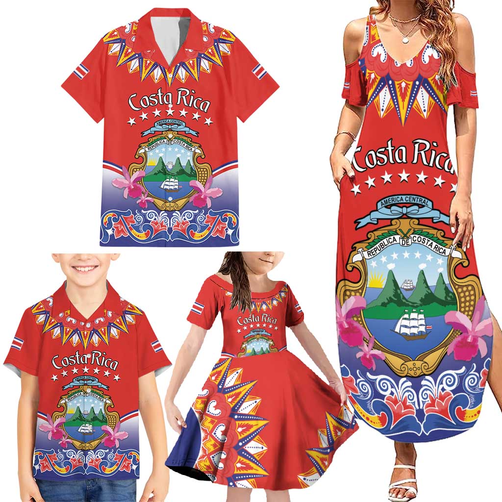 Personalized Costa Rica Independence Day Family Matching Summer Maxi Dress and Hawaiian Shirt Guaria Morada With Folk Pattern - Wonder Print Shop