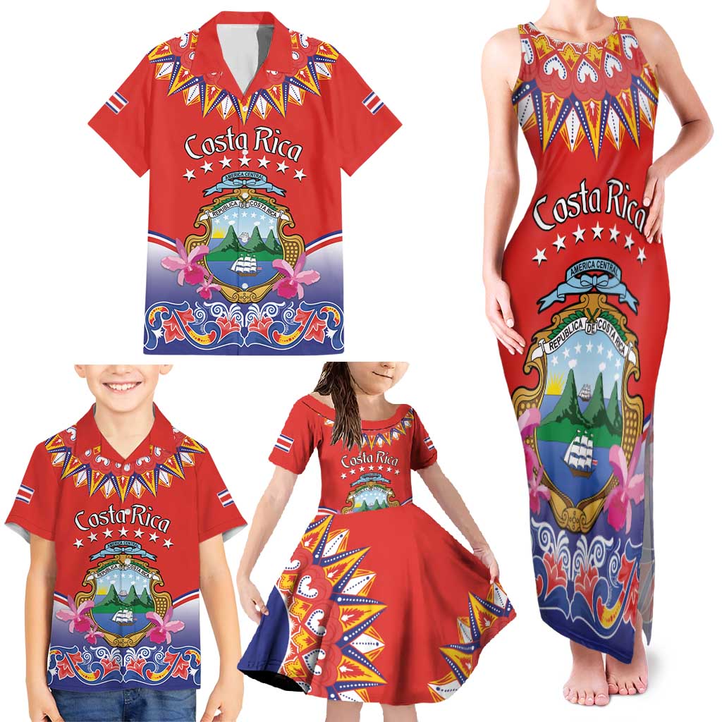 Personalized Costa Rica Independence Day Family Matching Tank Maxi Dress and Hawaiian Shirt Guaria Morada With Folk Pattern - Wonder Print Shop