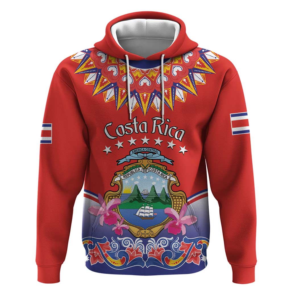 Personalized Costa Rica Independence Day Hoodie Guaria Morada With Folk Pattern - Wonder Print Shop