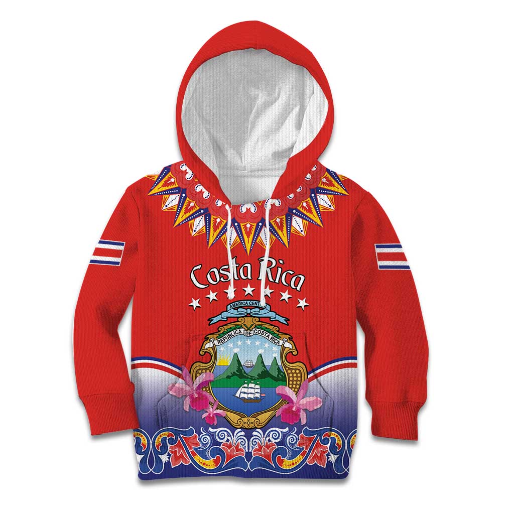 Personalized Costa Rica Independence Day Kid Hoodie Guaria Morada With Folk Pattern - Wonder Print Shop