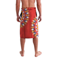 Red swim shorts with folk pattern side panels and back graphic detail