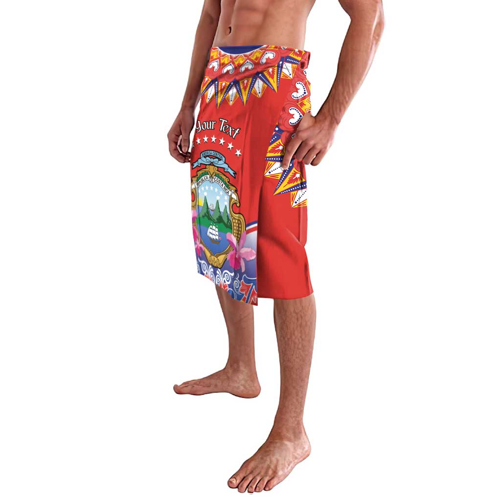 Red personalized swim shorts with folk pattern front print and custom text