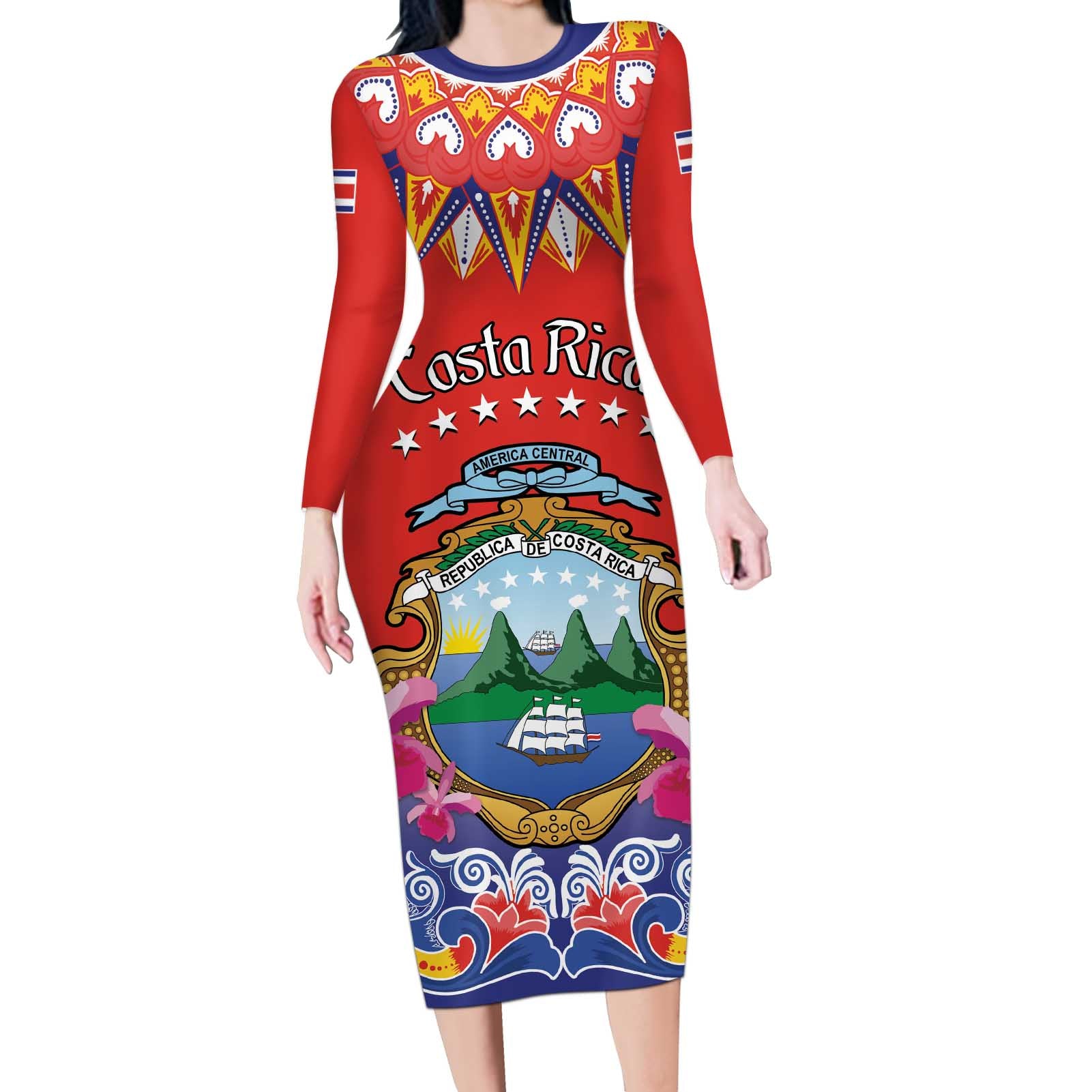 Personalized Costa Rica Independence Day Long Sleeve Bodycon Dress Guaria Morada With Folk Pattern - Wonder Print Shop