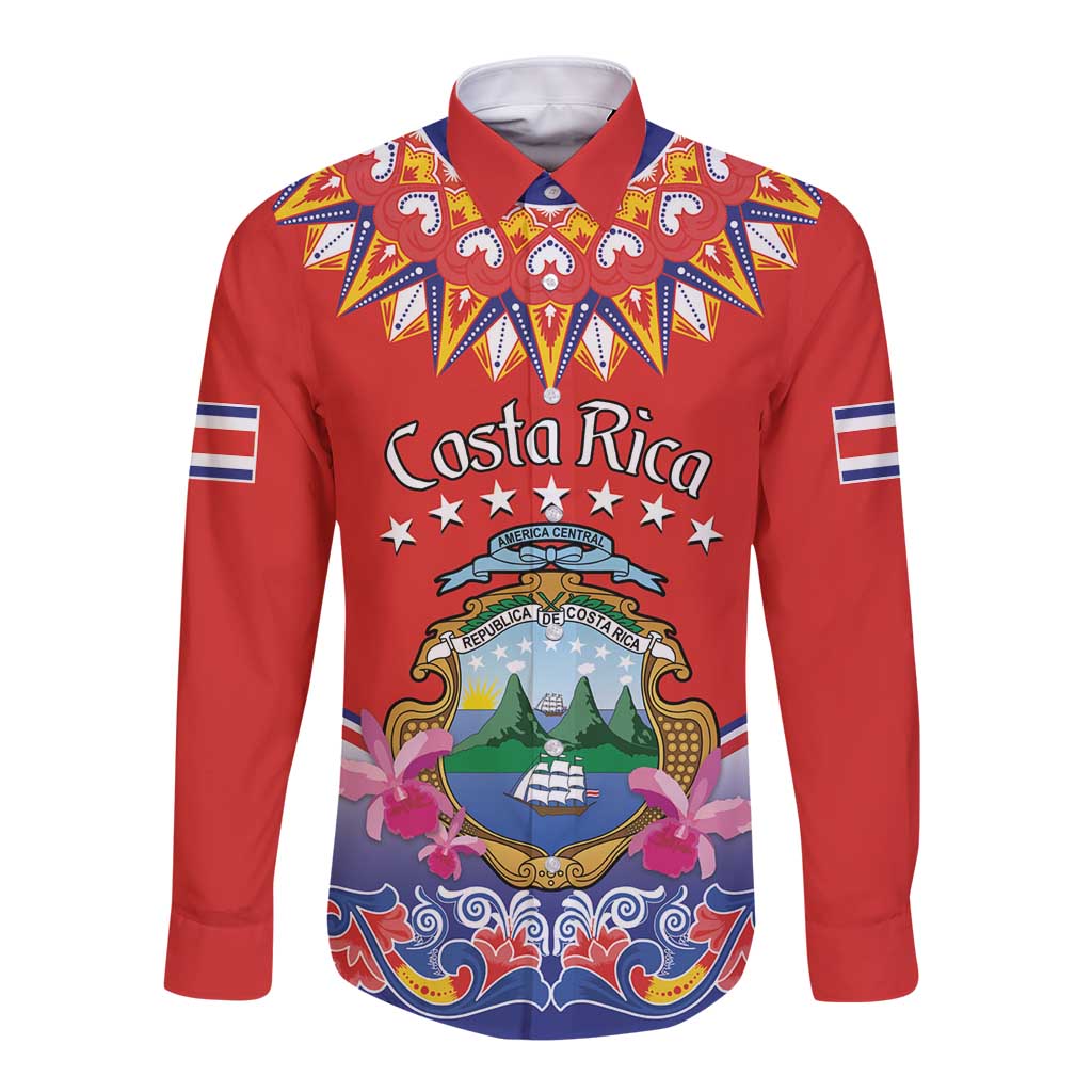 Red long sleeve button shirt with Costa Rica folk crest graphic and flags