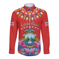 Red long sleeve button shirt with Costa Rica folk crest graphic and flags
