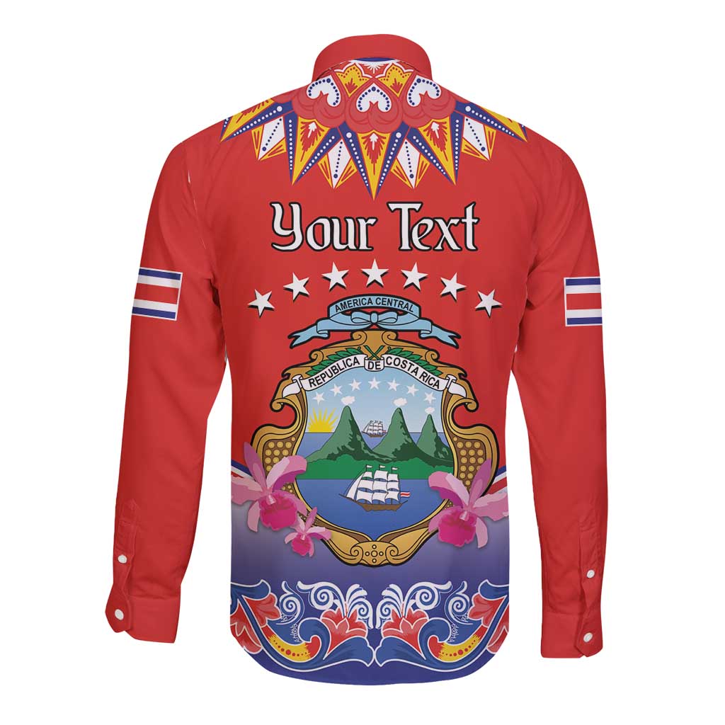 Red long sleeve button shirt back with Your Text and Costa Rica folk crest