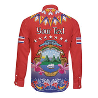 Red long sleeve button shirt back with Your Text and Costa Rica folk crest