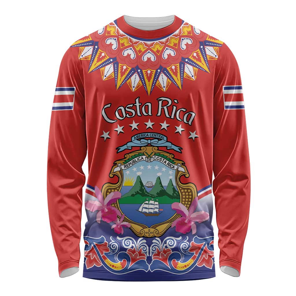 Personalized Costa Rica Independence Day Long Sleeve Shirt Guaria Morada With Folk Pattern - Wonder Print Shop