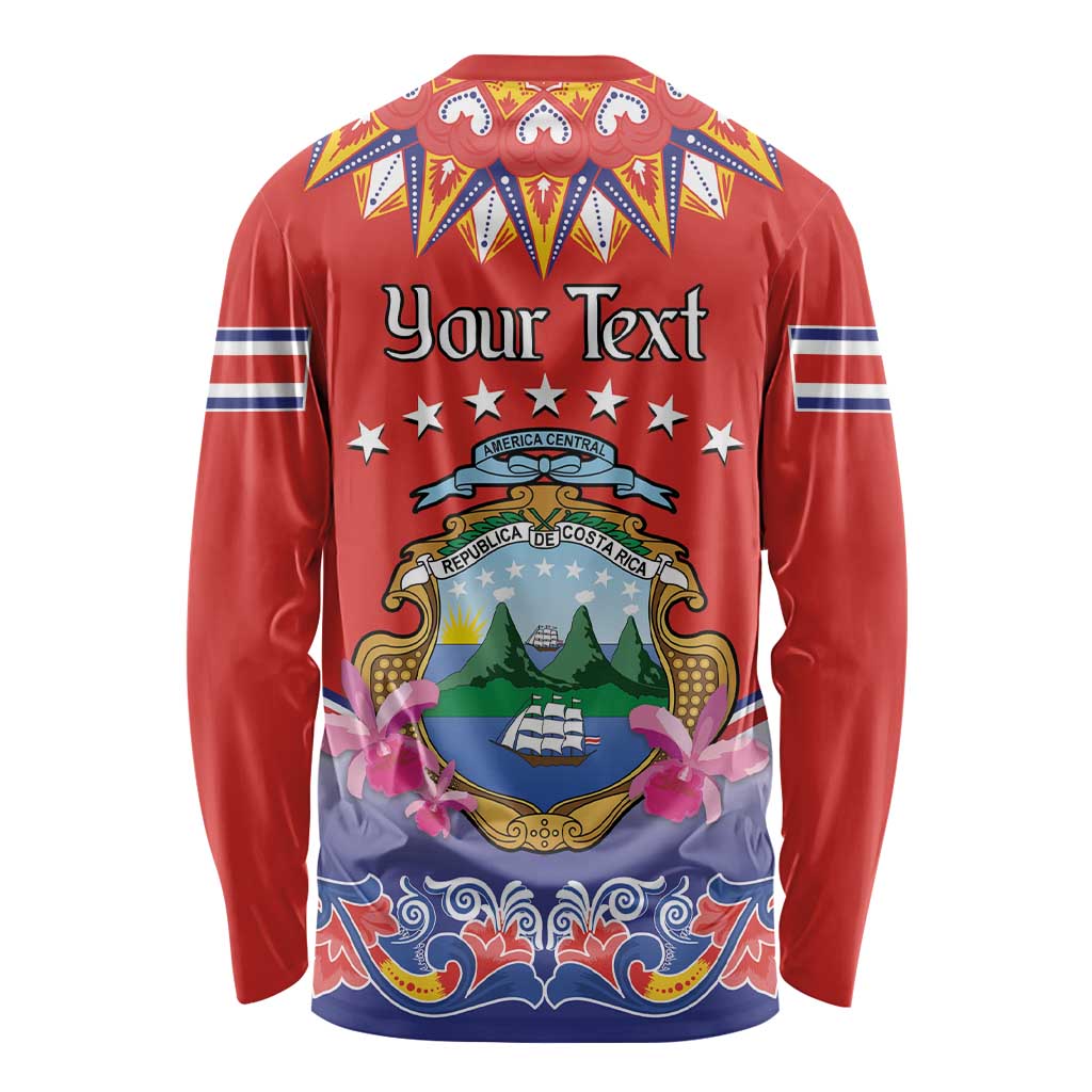 Red long-sleeve shirt with folk crest graphic, 'Your Text' and banner on back