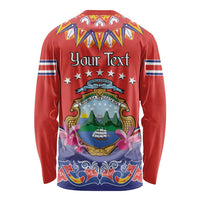 Red long-sleeve shirt with folk crest graphic, 'Your Text' and banner on back