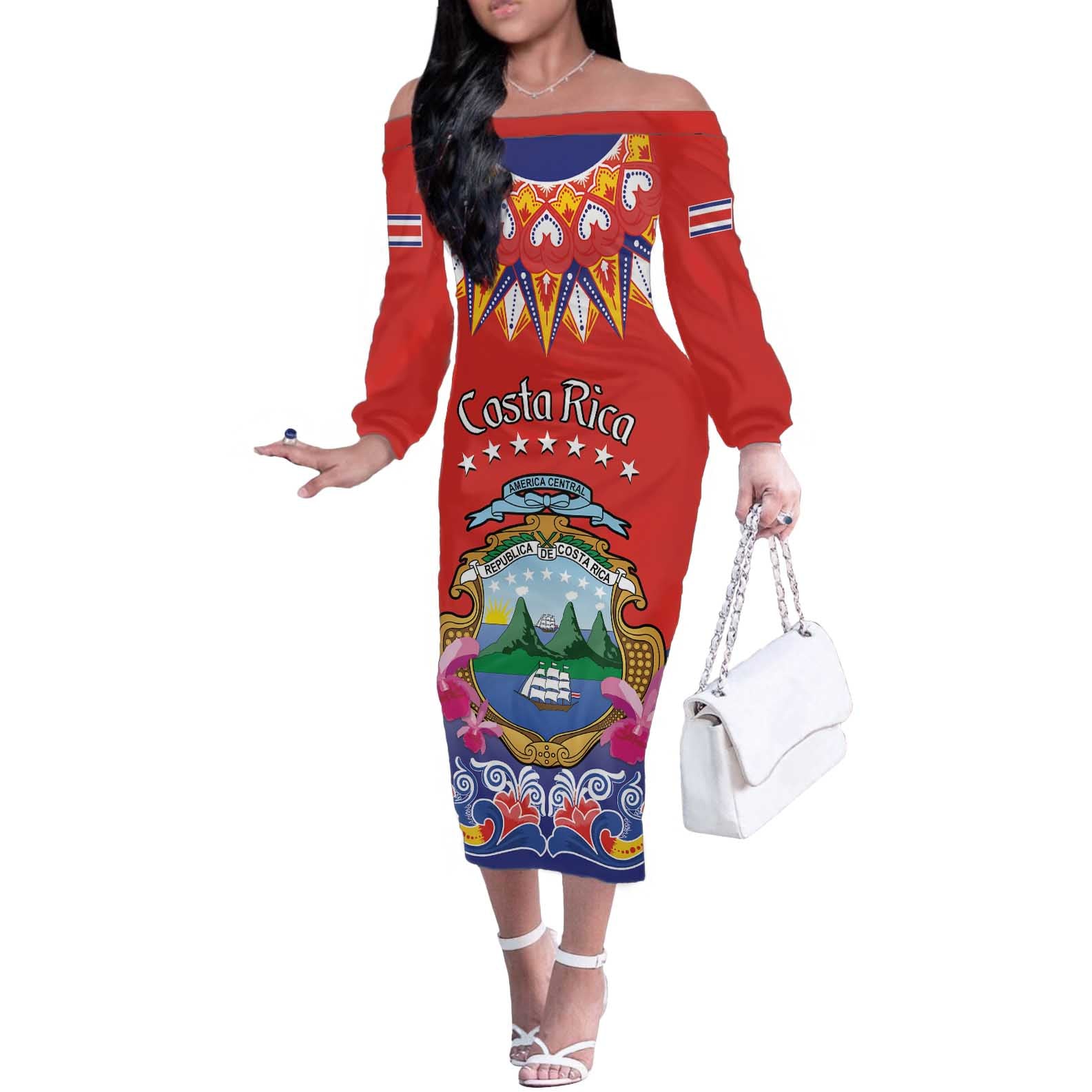 Personalized Costa Rica Independence Day Off The Shoulder Long Sleeve Dress Guaria Morada With Folk Pattern - Wonder Print Shop