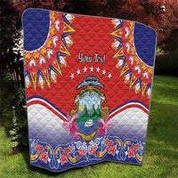 Personalized red quilt with navy corners and Costa Rica crest, stars above crest