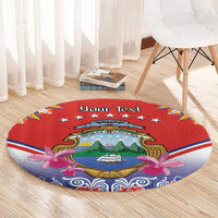 Round red rug with Costa Rica emblem, floral accents, and “Your Text”