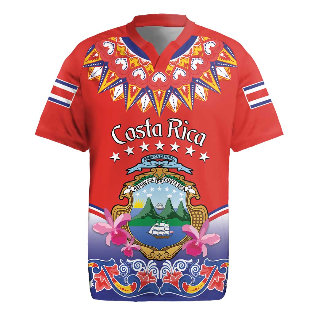 Personalized Costa Rica Independence Day Rugby Jersey Guaria Morada With Folk Pattern - Wonder Print Shop