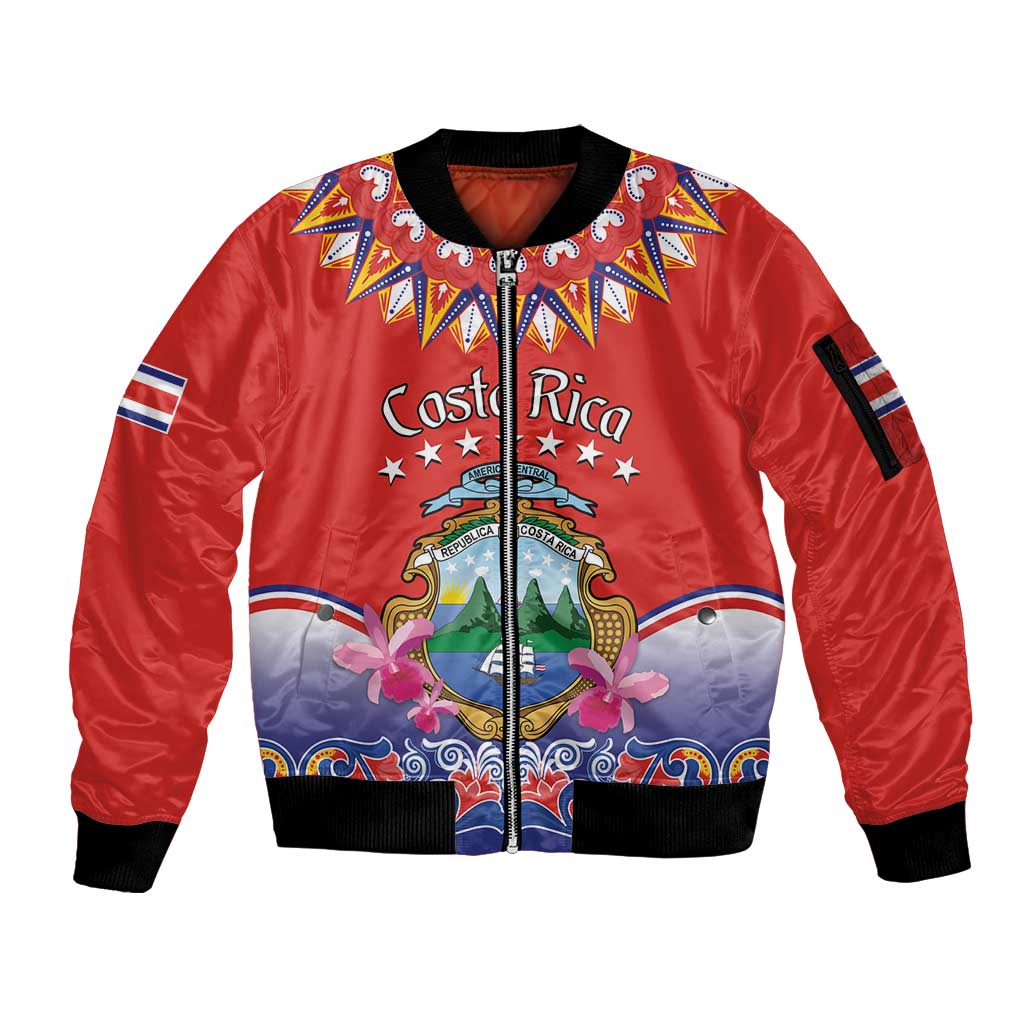 Personalized Costa Rica Independence Day Sleeve Zip Bomber Jacket Guaria Morada With Folk Pattern - Wonder Print Shop