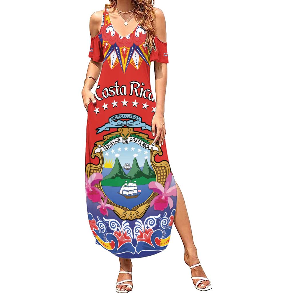 Personalized Costa Rica Independence Day Summer Maxi Dress Guaria Morada With Folk Pattern - Wonder Print Shop