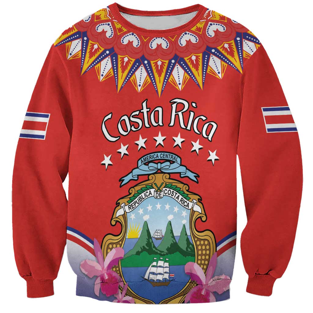 Red crewneck sweatshirt with Costa Rica folk crest graphic and colorful banner