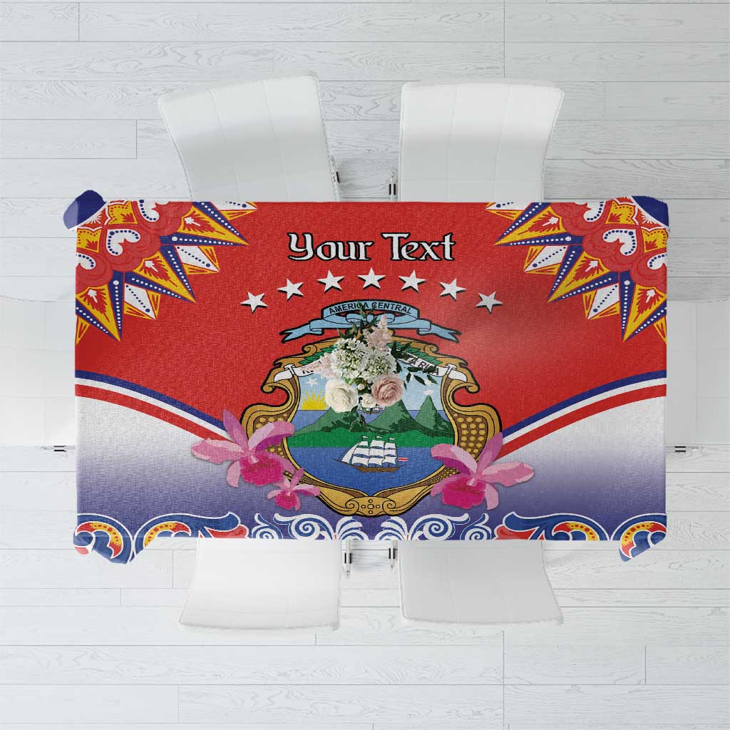 Personalized red tablecloth panel with Costa Rica-style crest and decorative stars border