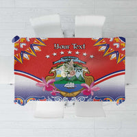Personalized red tablecloth panel with Costa Rica-style crest and decorative stars border