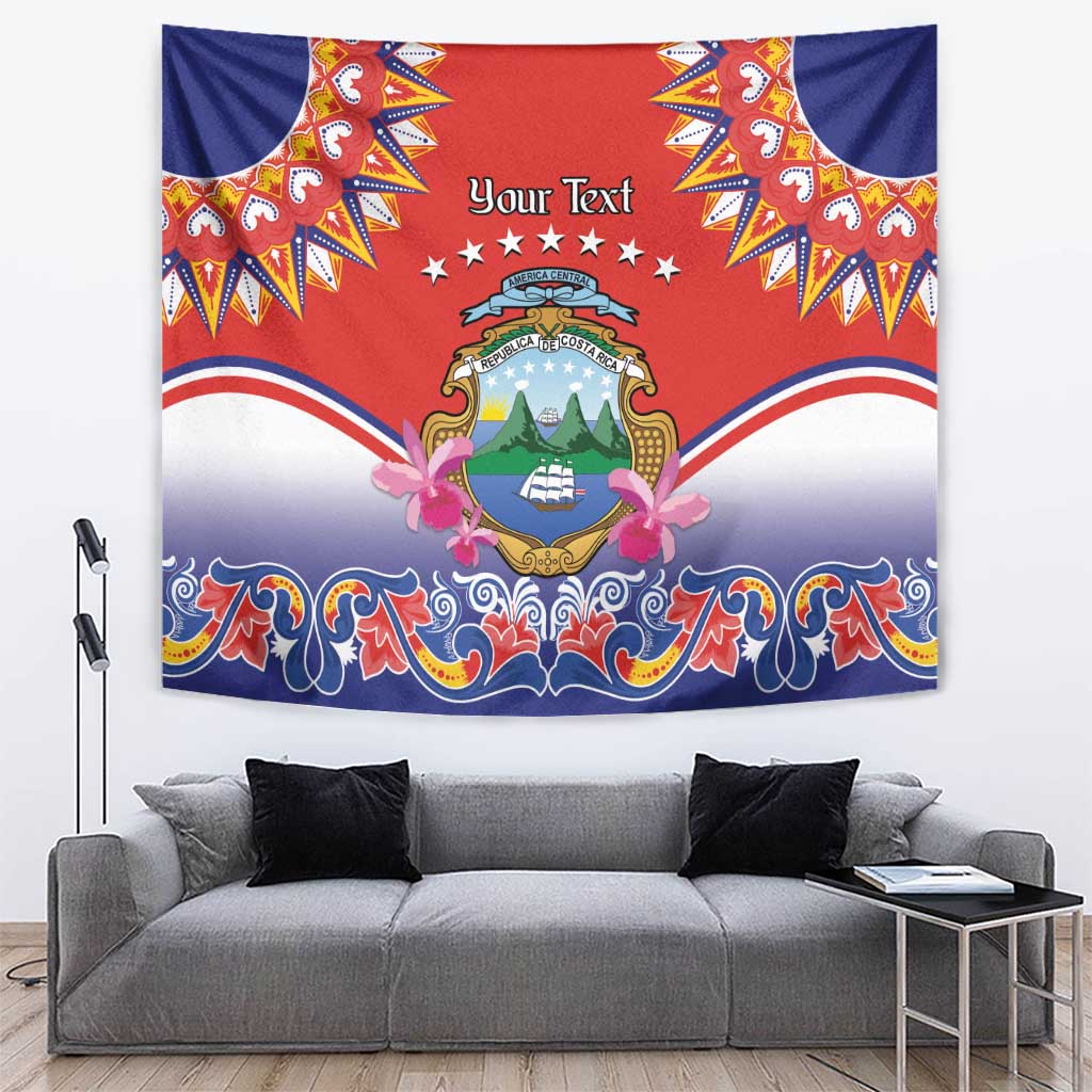 Red and blue wall hanging tapestry with folk border, arches, crest, and 'Your Text'.