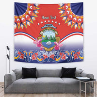 Red and blue wall hanging tapestry with folk border, arches, crest, and 'Your Text'.