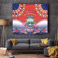 Red and blue folk independence tapestry with crest medallion, decorative swirls, 'Your Text'.