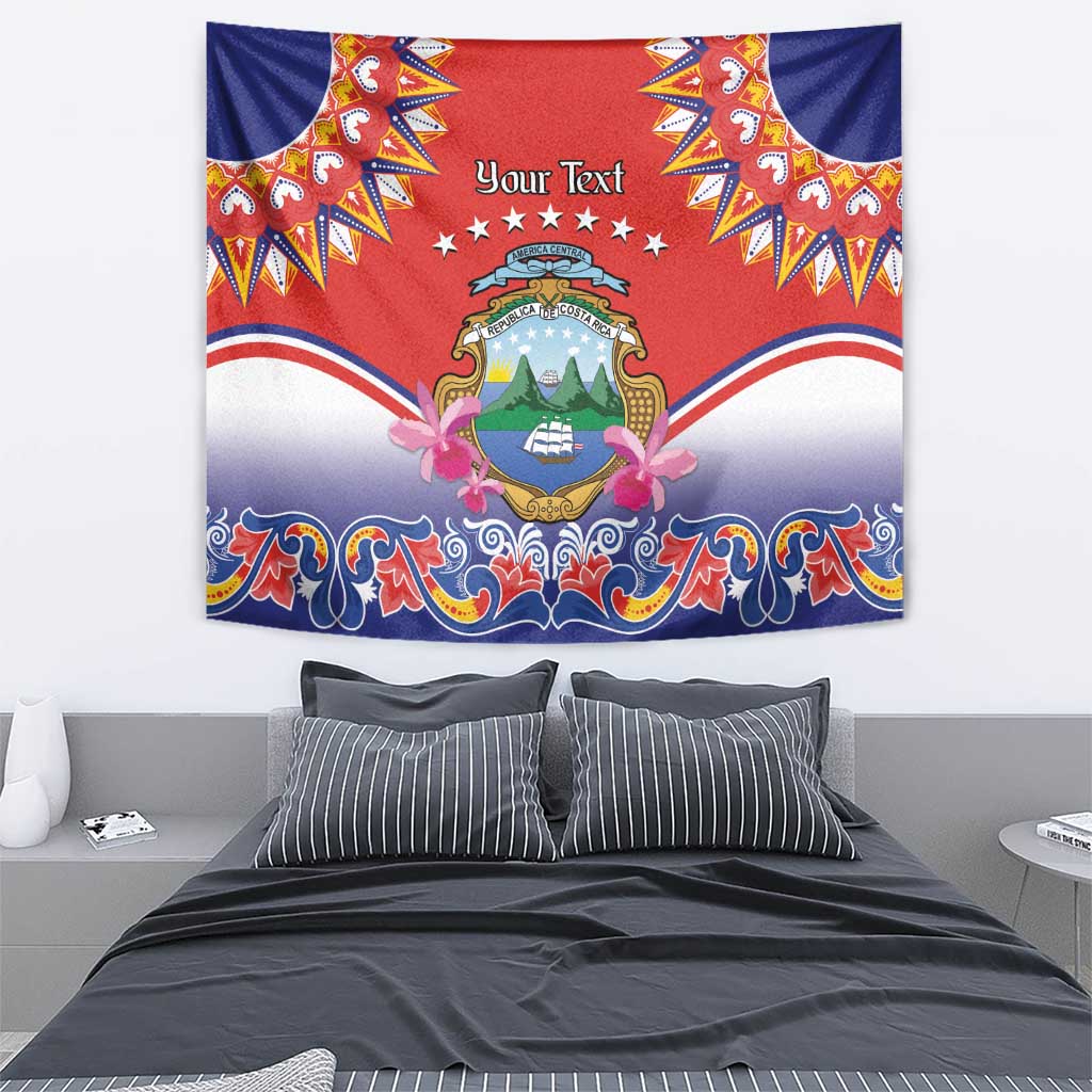 Red and blue hanging tapestry with folk border, central crest, and 'Your Text'.