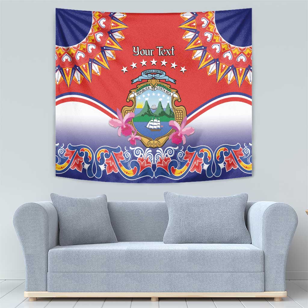 Red and blue wall hanging tapestry with folk border, crest emblem, and 'Your Text' center.