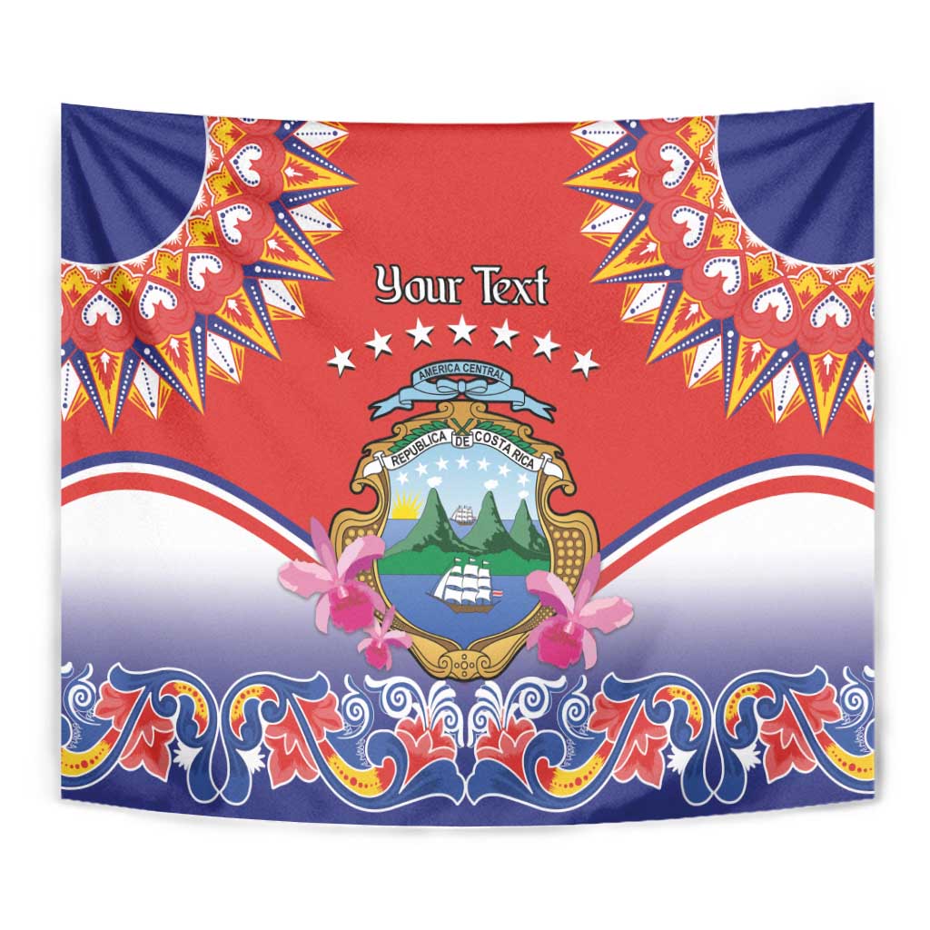 Red and blue folk-style independence tapestry with crest, banner, and 'Your Text'.