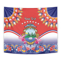 Red and blue folk-style independence tapestry with crest, banner, and 'Your Text'.
