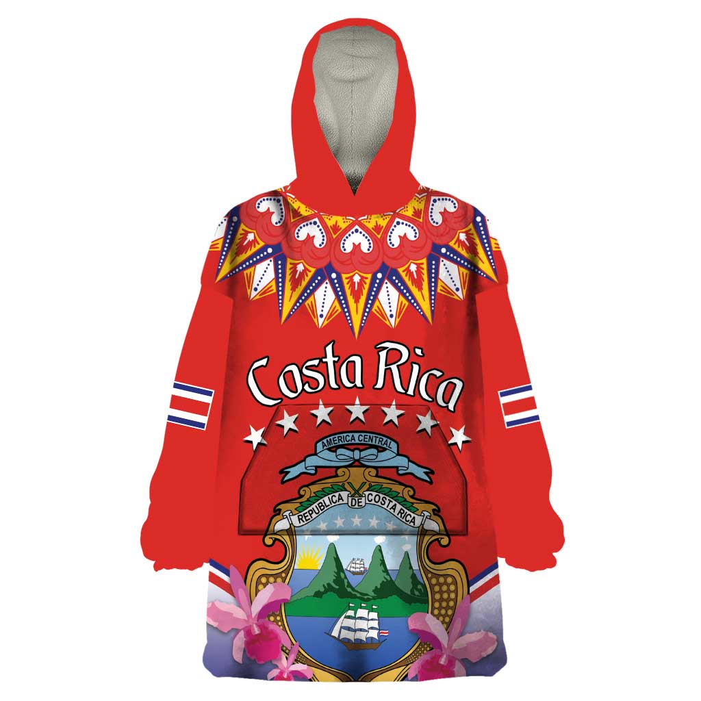 Personalized Costa Rica Independence Day Wearable Blanket Hoodie Guaria Morada With Folk Pattern - Wonder Print Shop