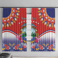 Red and blue window curtain panels with Costa Rica crest, folk motifs, and decorative border