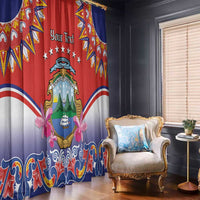 Red and blue window curtains with Costa Rica crest, floral bows, and decorative wave border