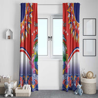 Red and blue window curtain pair with Costa Rica coat of arms and ornate folk pattern