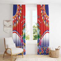 Window curtains in red and blue featuring Costa Rica crest and swirling folk border artwork