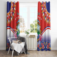 Window curtain pair in red and blue with Costa Rica crest and colorful folk pattern