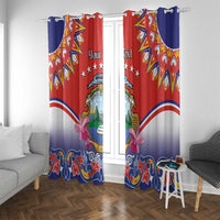 Red and blue curtain panels with Costa Rica emblem, floral accents, and folk-style details