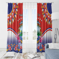 Window curtain set with red and blue folk pattern and Costa Rica crest centered on panels