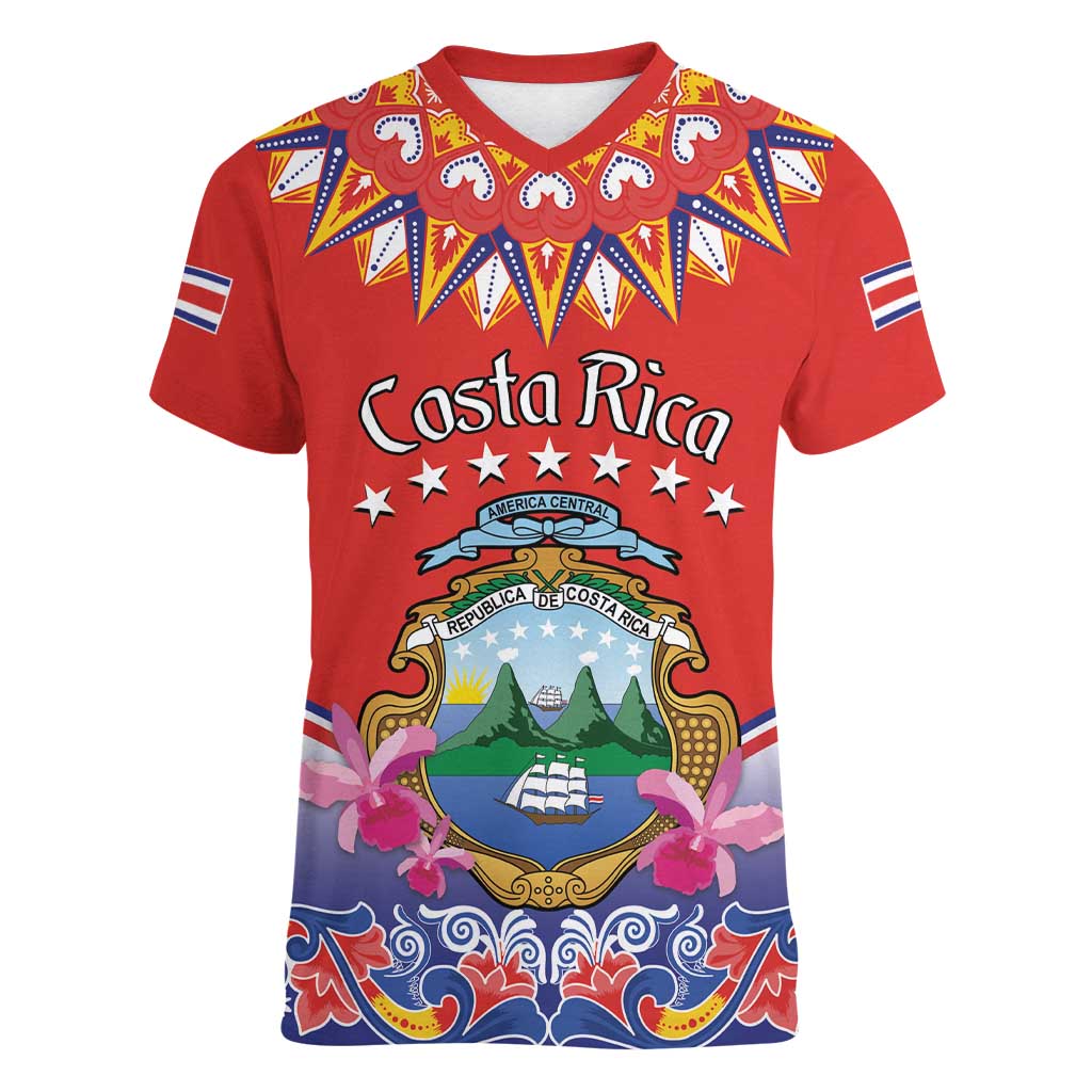 Personalized Costa Rica Independence Day Women V-Neck T-Shirt Guaria Morada With Folk Pattern - Wonder Print Shop