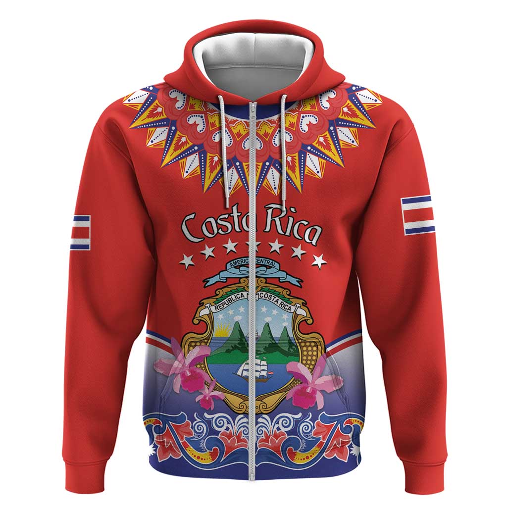 Personalized Costa Rica Independence Day Zip Hoodie Guaria Morada With Folk Pattern - Wonder Print Shop