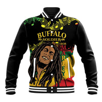 Black baseball jacket with striped ribbed collar, cuffs, and large front graphic print