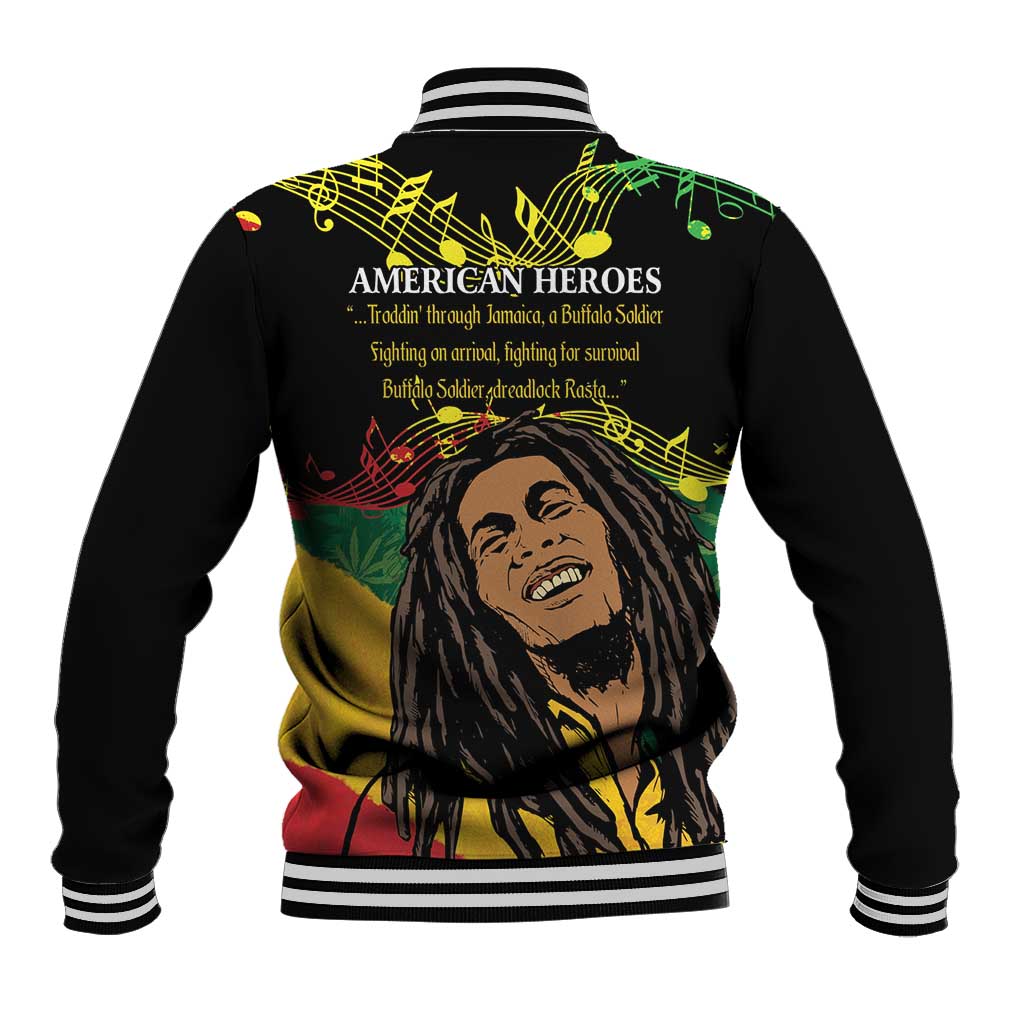 Black baseball jacket with striped ribbed hem and back graphic text and face illustration