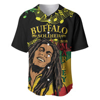 Black baseball jersey with Buffalo Soldier lettering, illustrated head, and button front