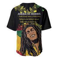 Black baseball jersey back with 'AMERICAN HEROES' text, illustrated face, and music notes