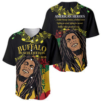 Black baseball jersey with large illustrated Buffalo Soldier face and music-note graphics