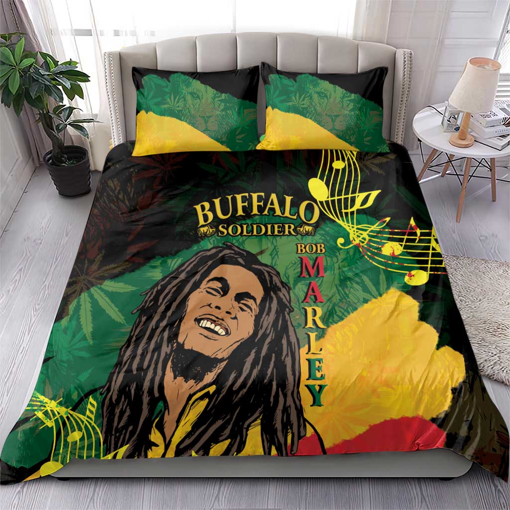 Buffalo Soldier bedding set: graphic duvet with two green and yellow pillowcases