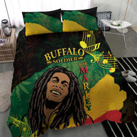 Buffalo Soldier bedding set close view: green and yellow graphic duvet with pillowcases